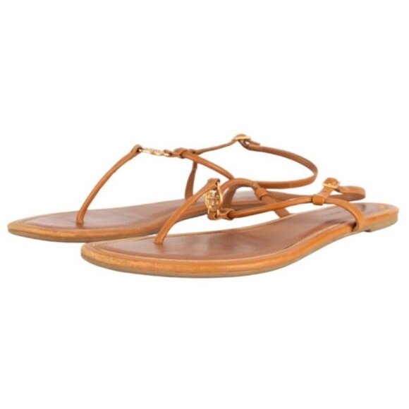 Tory Burch Emma T-Strap Flat Sandals – Brown Leather with Gold Logo – Women’s Si - Picture 3 of 13